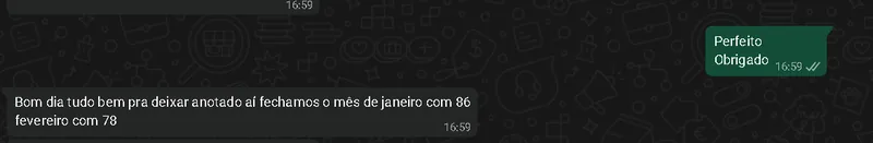 Print de WhatsApp informando 86 instalações em janeiro e 78 em fevereiro