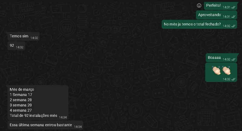 Print de WhatsApp com fechamento de 92 instalações no mês de março