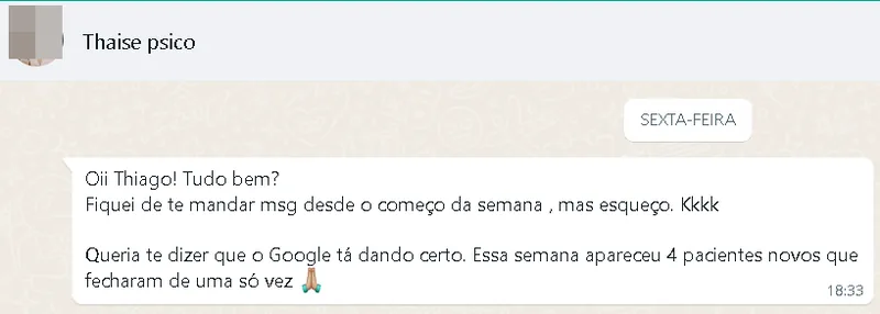 Print de WhatsApp da psicóloga Thaise relatando 4 pacientes novos